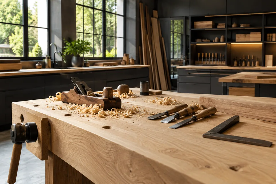 Werkbank und Werkzeuge in einer hellen Holzwerkstatt als Gestaltungsbild für einen Handwerksbetrieb